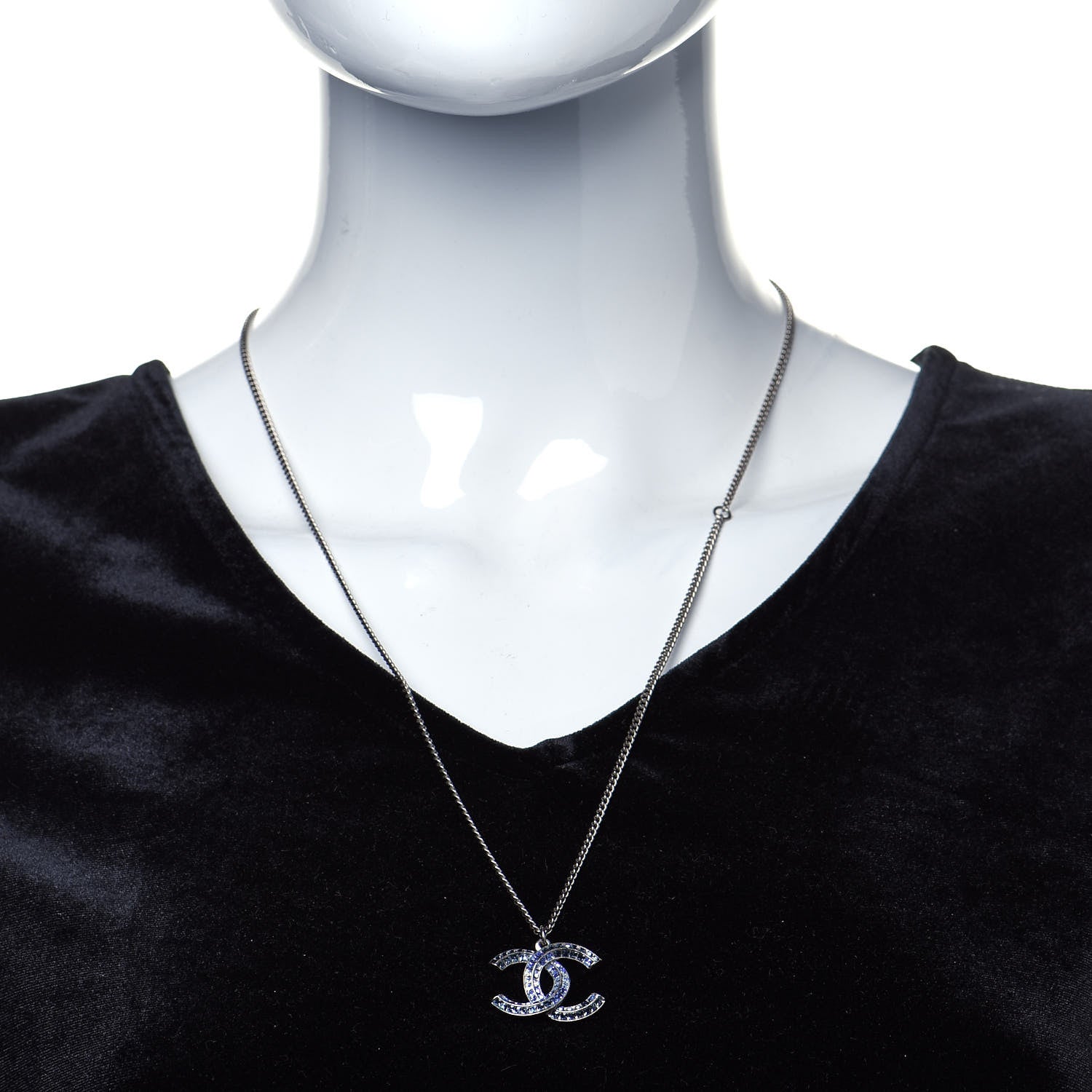 Chanel Crystal Baguette CC Necklace Silver Blue 2 of 7