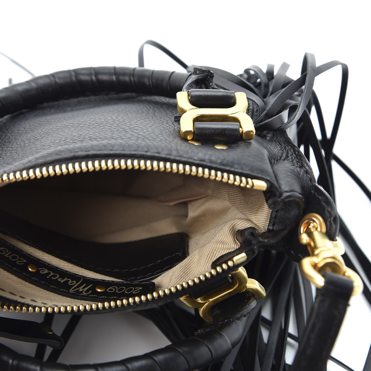 Shiny Small Grain Calfskin Mini Marcie Multi Fringe Satchel Black