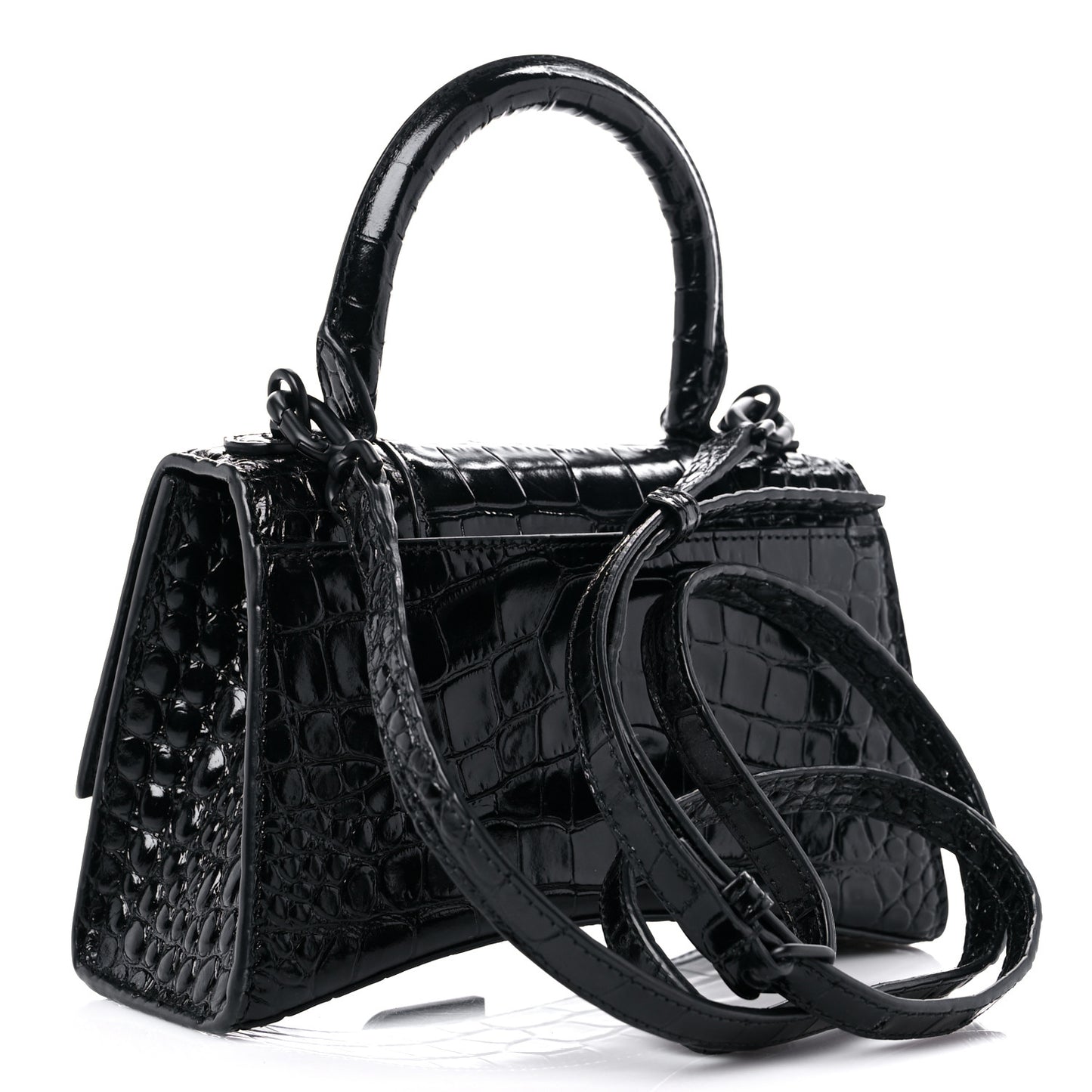 Shiny Calfskin Monochrome Crocodile Embossed Hourglass Top Handle Bag XS Black