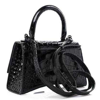 Balenciaga Shiny Calfskin Monochrome Crocodile Embossed Hourglass Top Handle Bag XS Black 3 of 16