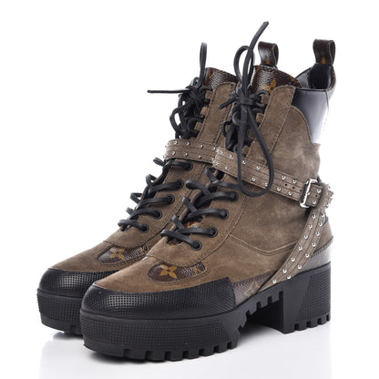 Louis Vuitton Suede Calfskin Monogram Laureate Platform Desert Boots 38 Kaki 3 of 13