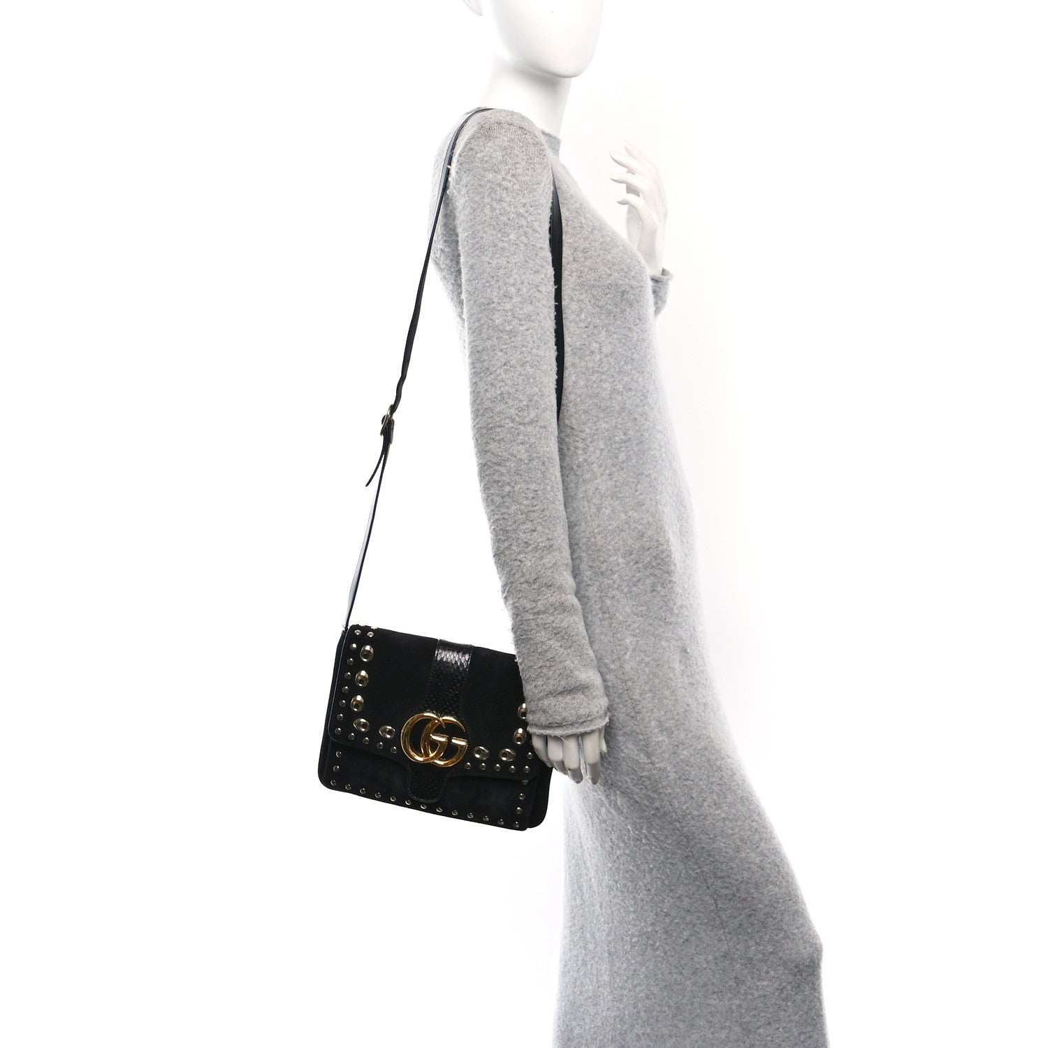 Gucci Suede Snakeskin Studded Medium Arli Flap Shoulder Bag Black 2 of 10