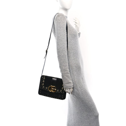 Gucci Suede Snakeskin Studded Medium Arli Flap Shoulder Bag Black 2 of 10
