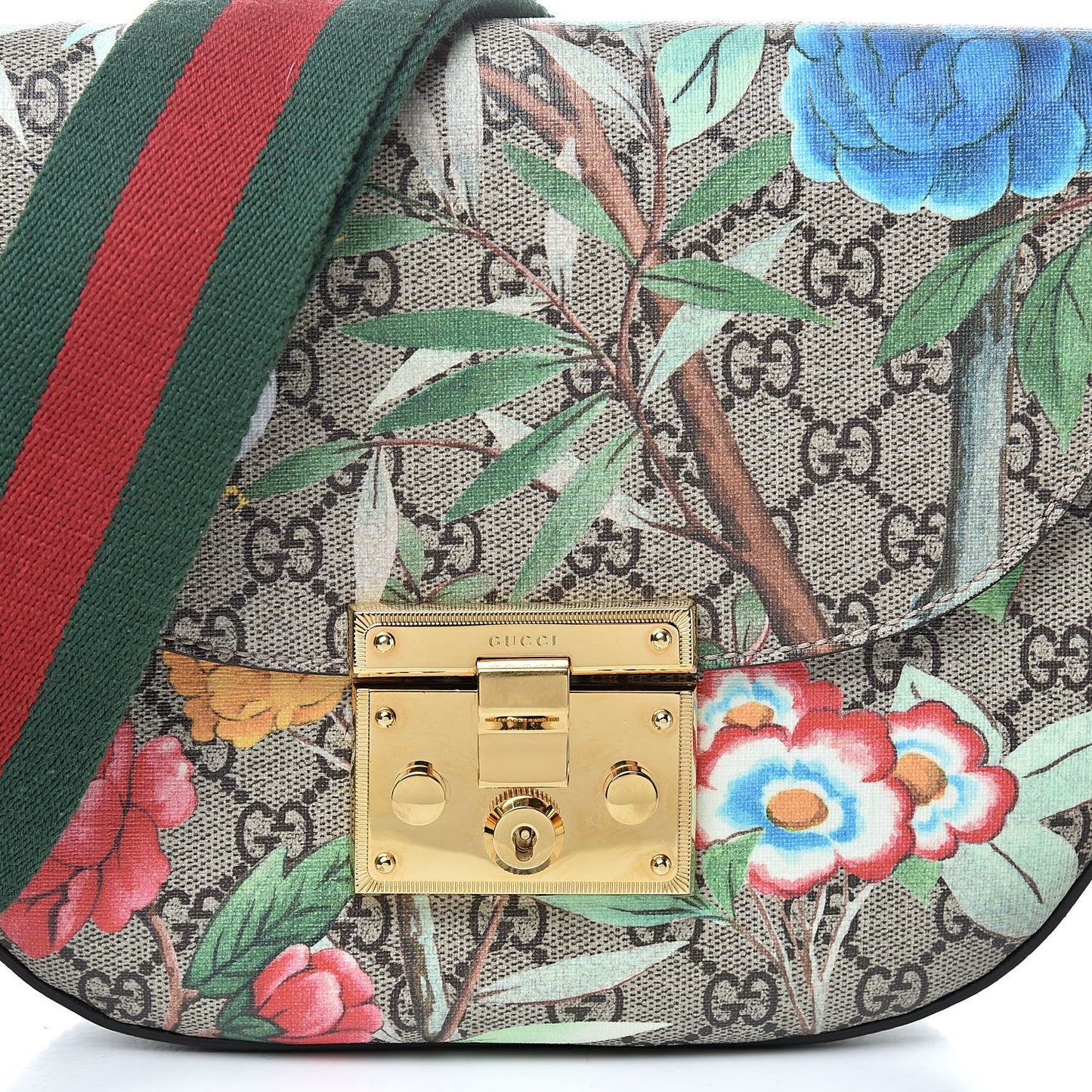 GG Supreme Monogram Tian Web Medium Padlock Messenger Shoulder Bag Beige Multicolor New Acero
