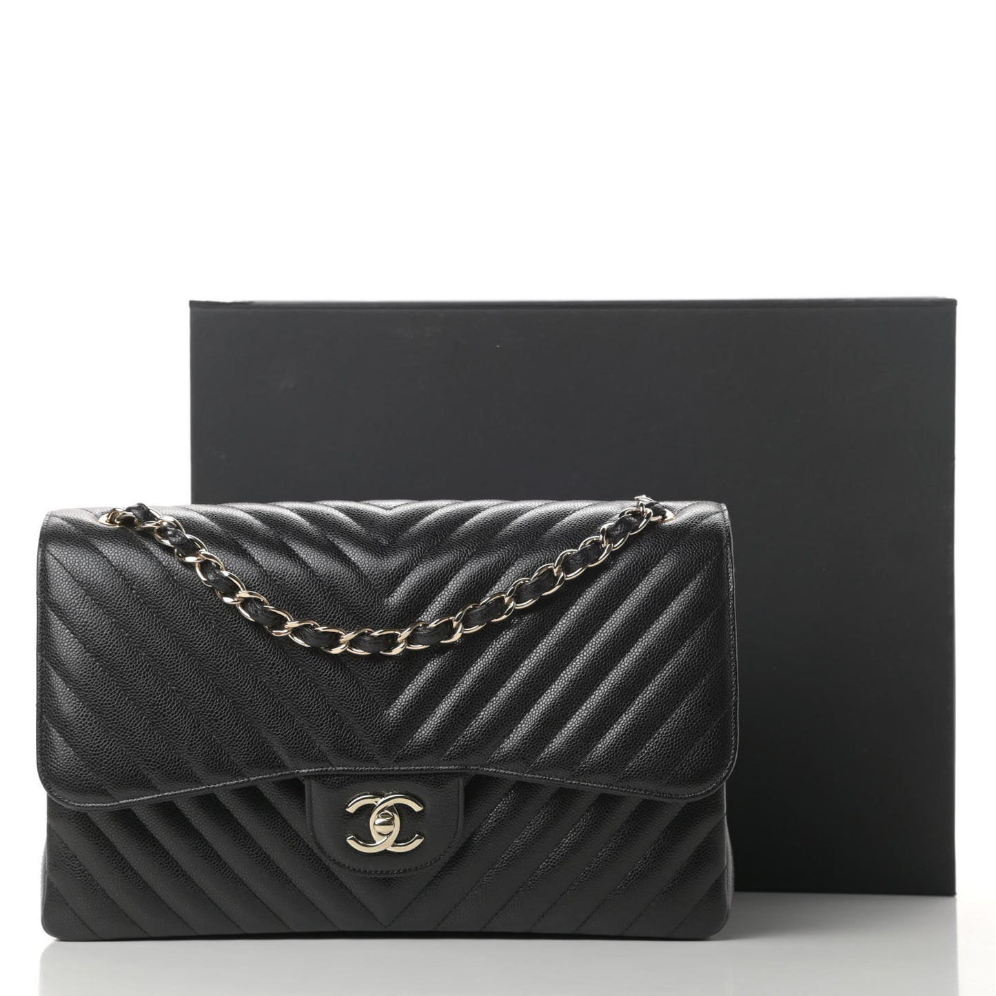 Caviar Chevron Quilted Jumbo Double Flap Black