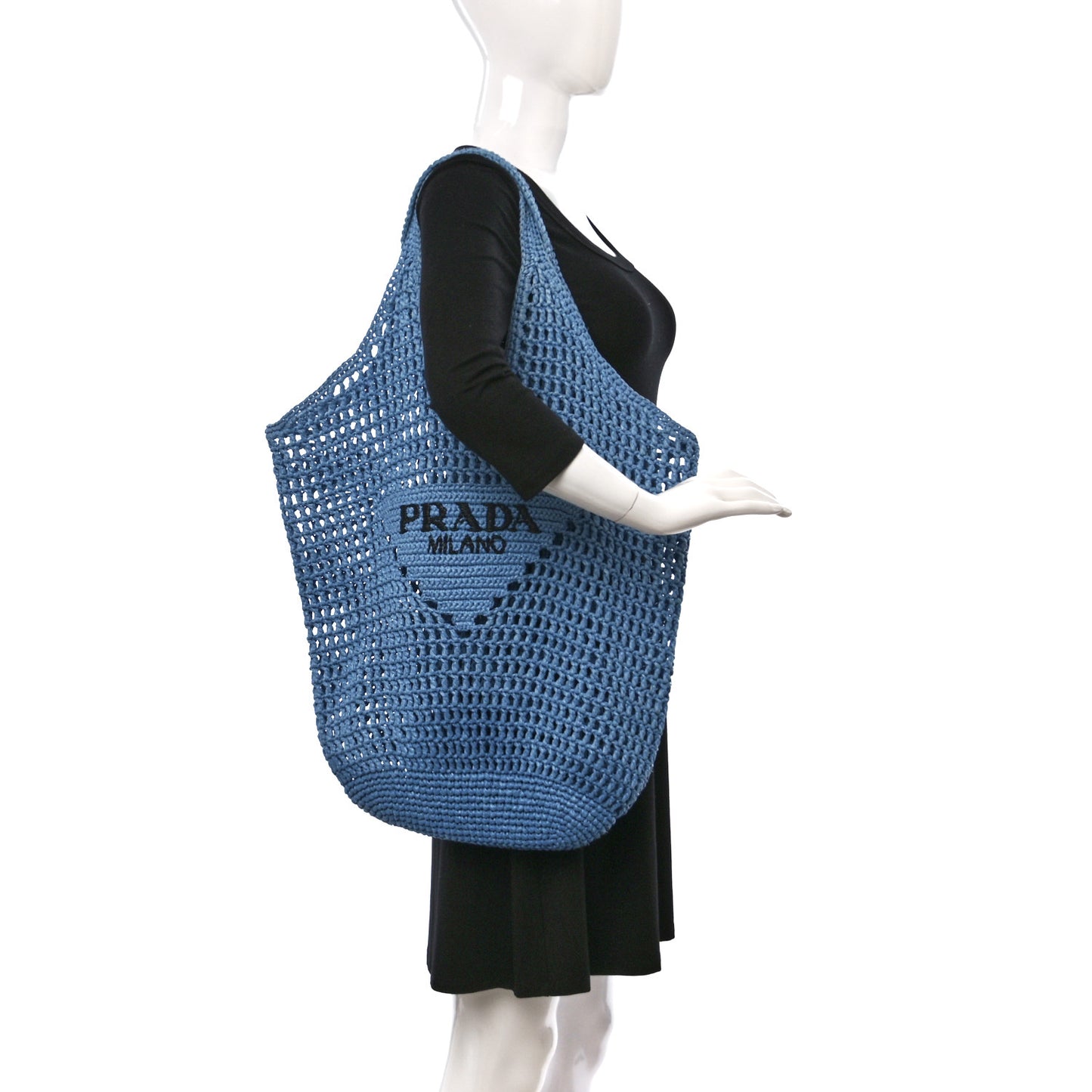 Yarn Raffia Effect Crochet Logo Embroidered Shopping Tote Bag Celeste