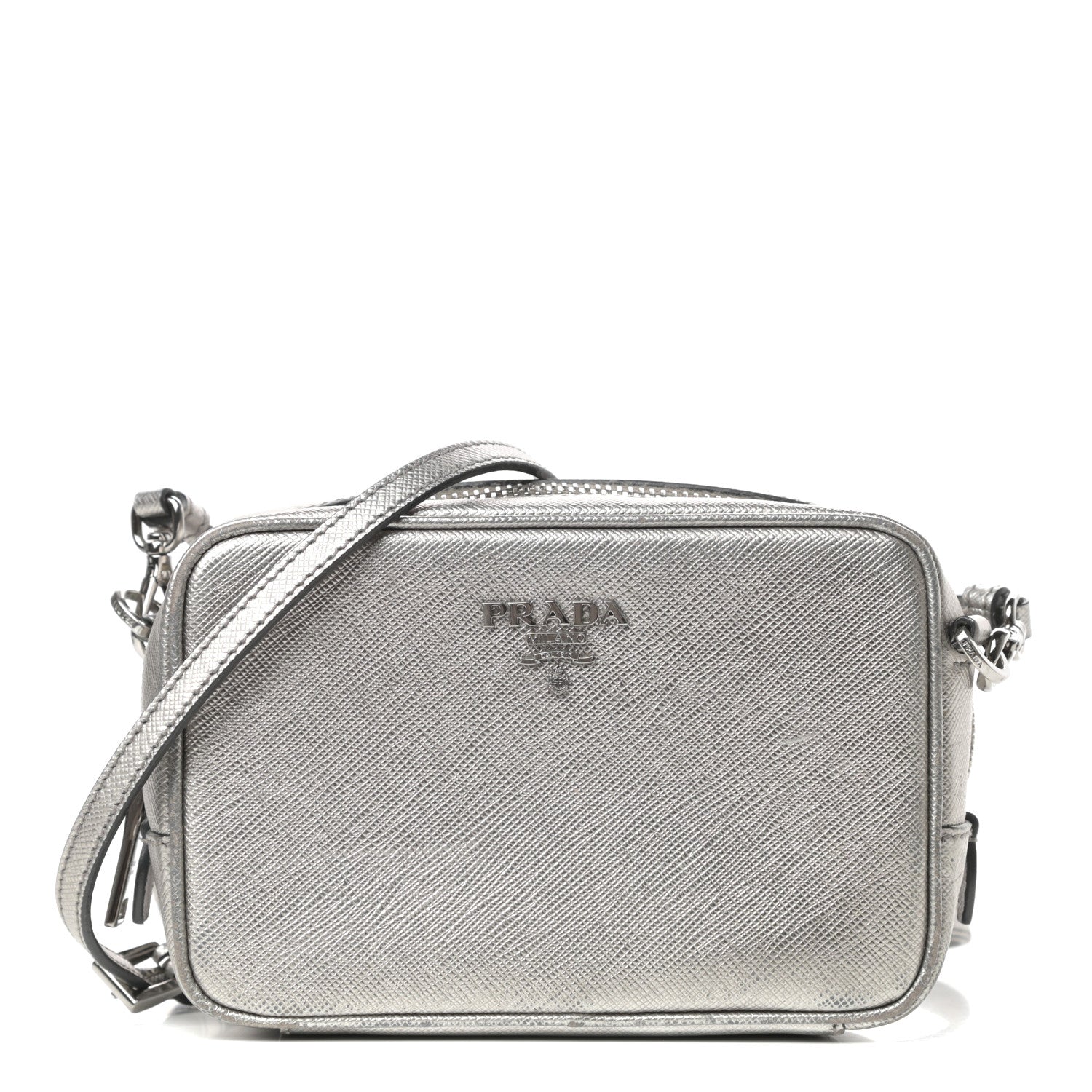 Prada Metallic Saffiano Lux Mini Camera Crossbody Bag Cromo 1 of 9