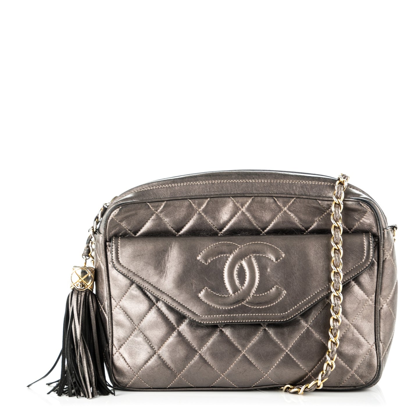 Metallic Lambskin Quilted Tassel Camera Case Dark Silver