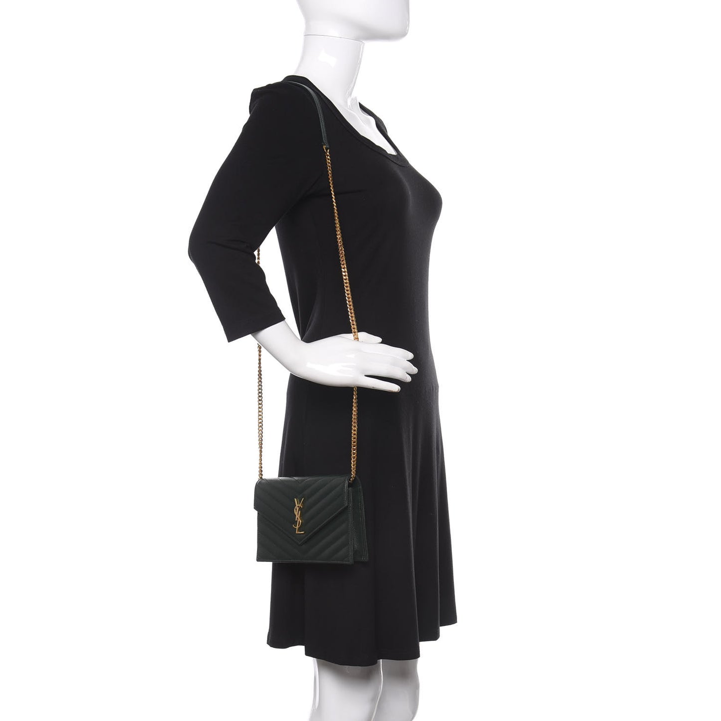 Grain De Poudre Matelasse Chevron Monogram Envelope Chain Wallet Dark Green