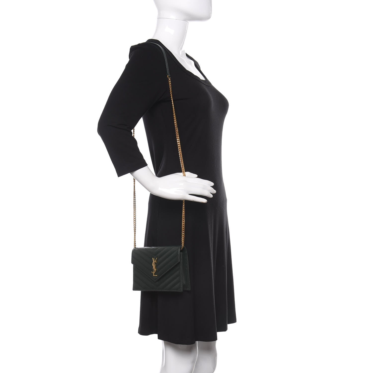 Saint Laurent Grain De Poudre Matelasse Chevron Monogram Envelope Chain Wallet Dark Green 2 of 9