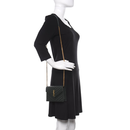 Saint Laurent Grain De Poudre Matelasse Chevron Monogram Envelope Chain Wallet Dark Green 2 of 9