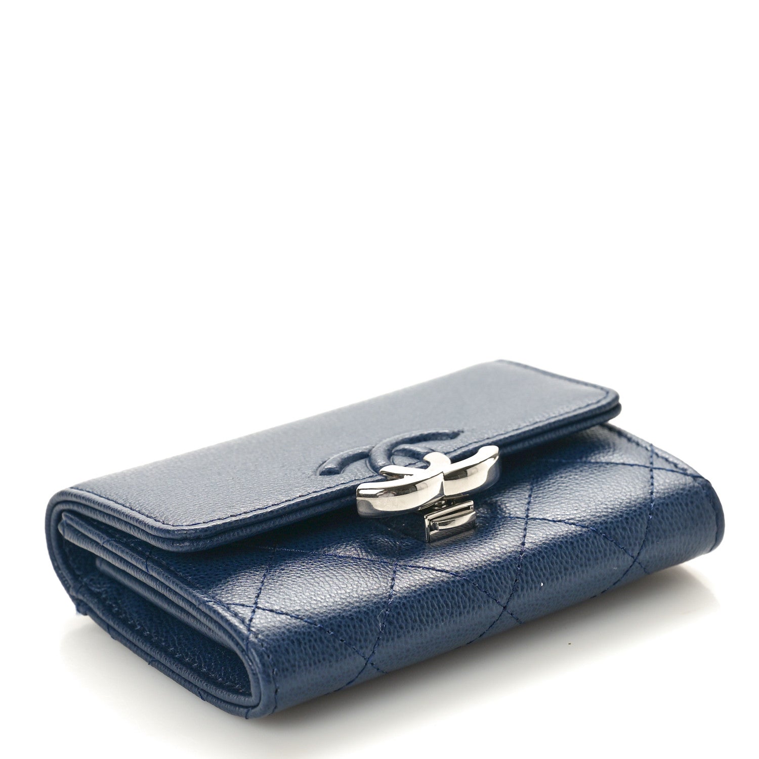 Chanel Grained Calfskin Quilted CC Box Compact Flap Wallet Navy Blue 4 of 8
