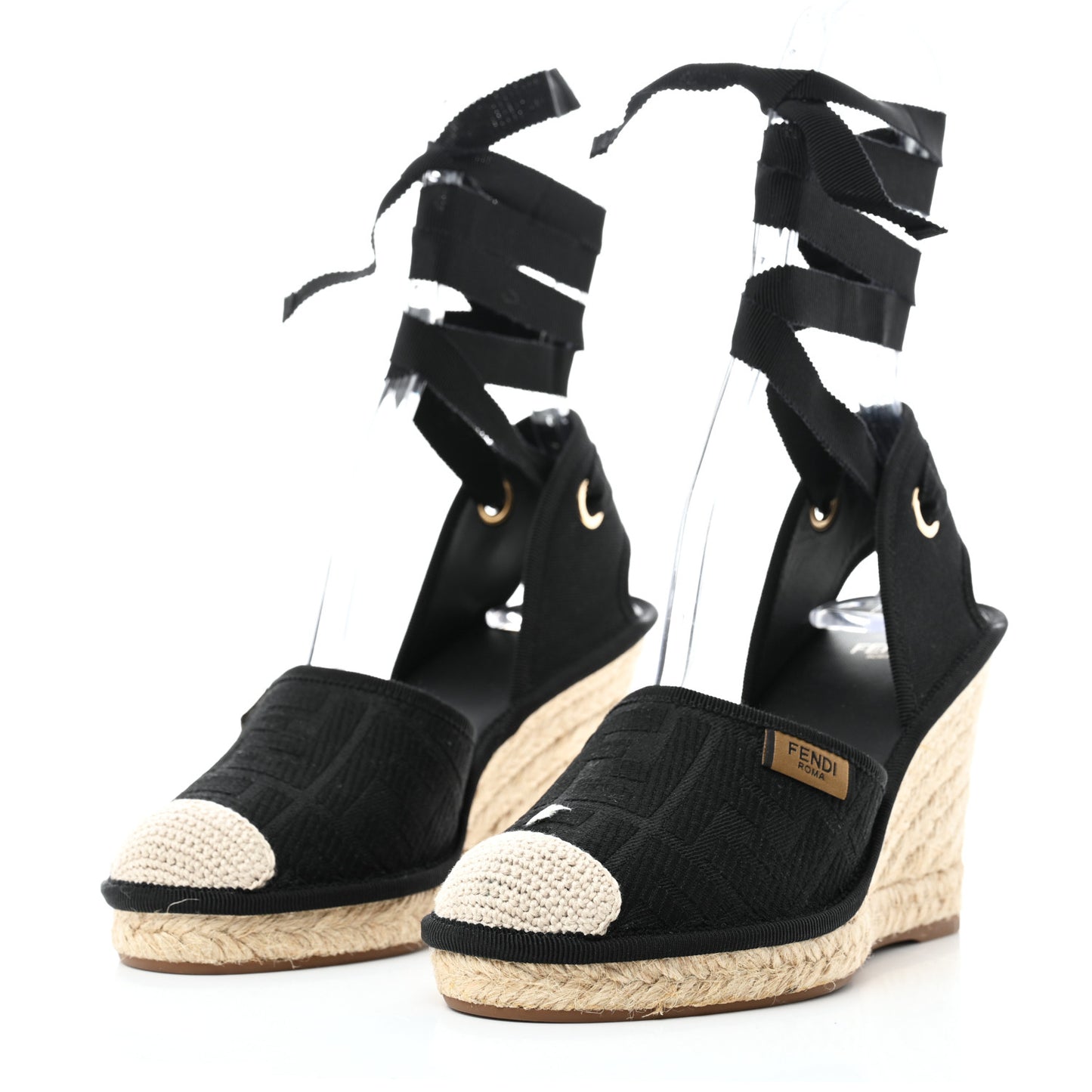 Canvas FF Embroidered Roma Ankle Wrap Wedge Espadrilles 36 Black