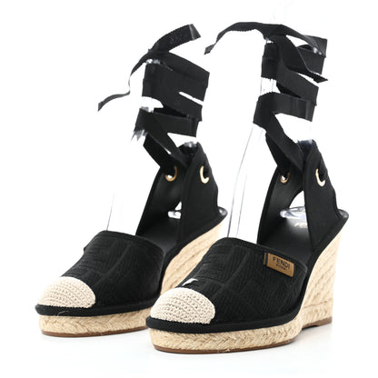 Fendi Canvas FF Embroidered Roma Ankle Wrap Wedge Espadrilles 36 Black 3 of 8