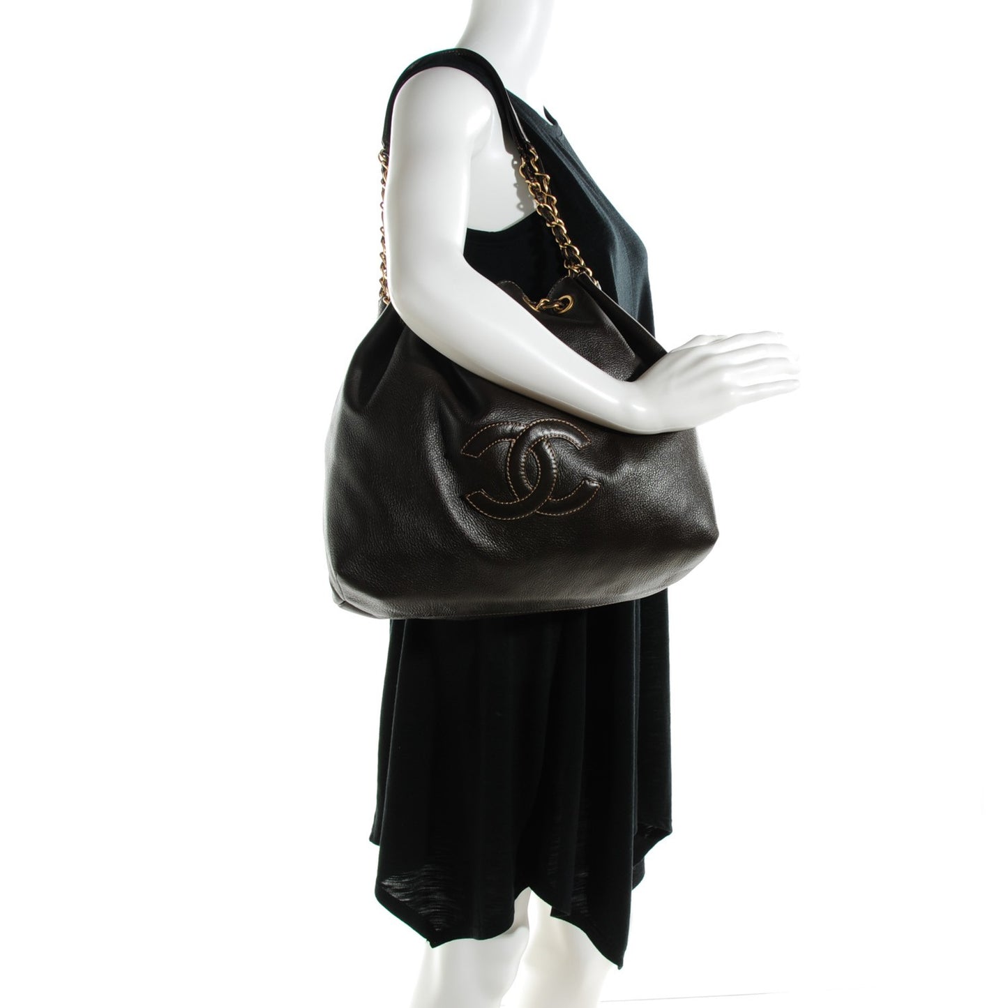 Calfskin CC Drawstring Bucket Bag Dark Brown