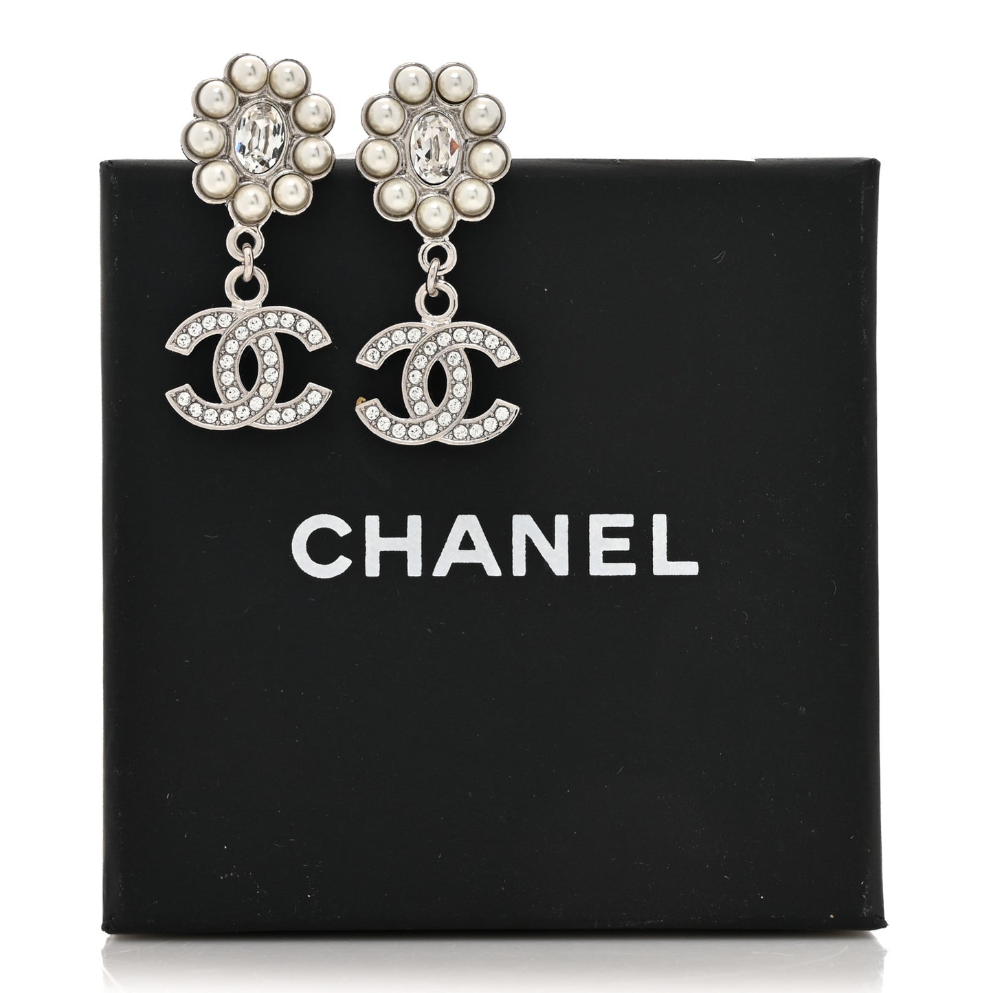 Crystal Pearl Coco Mark CC Drop Earrings Silver