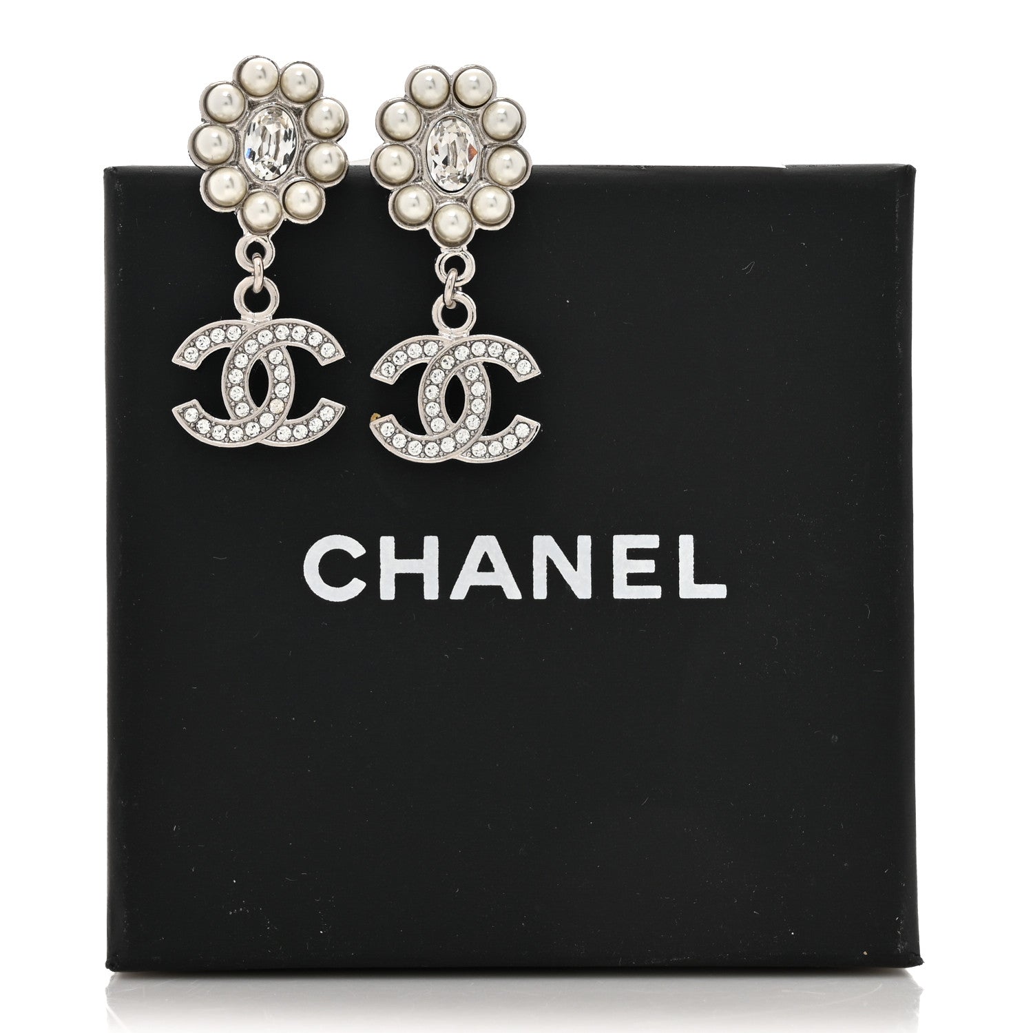 Chanel Crystal Pearl Coco Mark CC Drop Earrings Silver 6 of 6