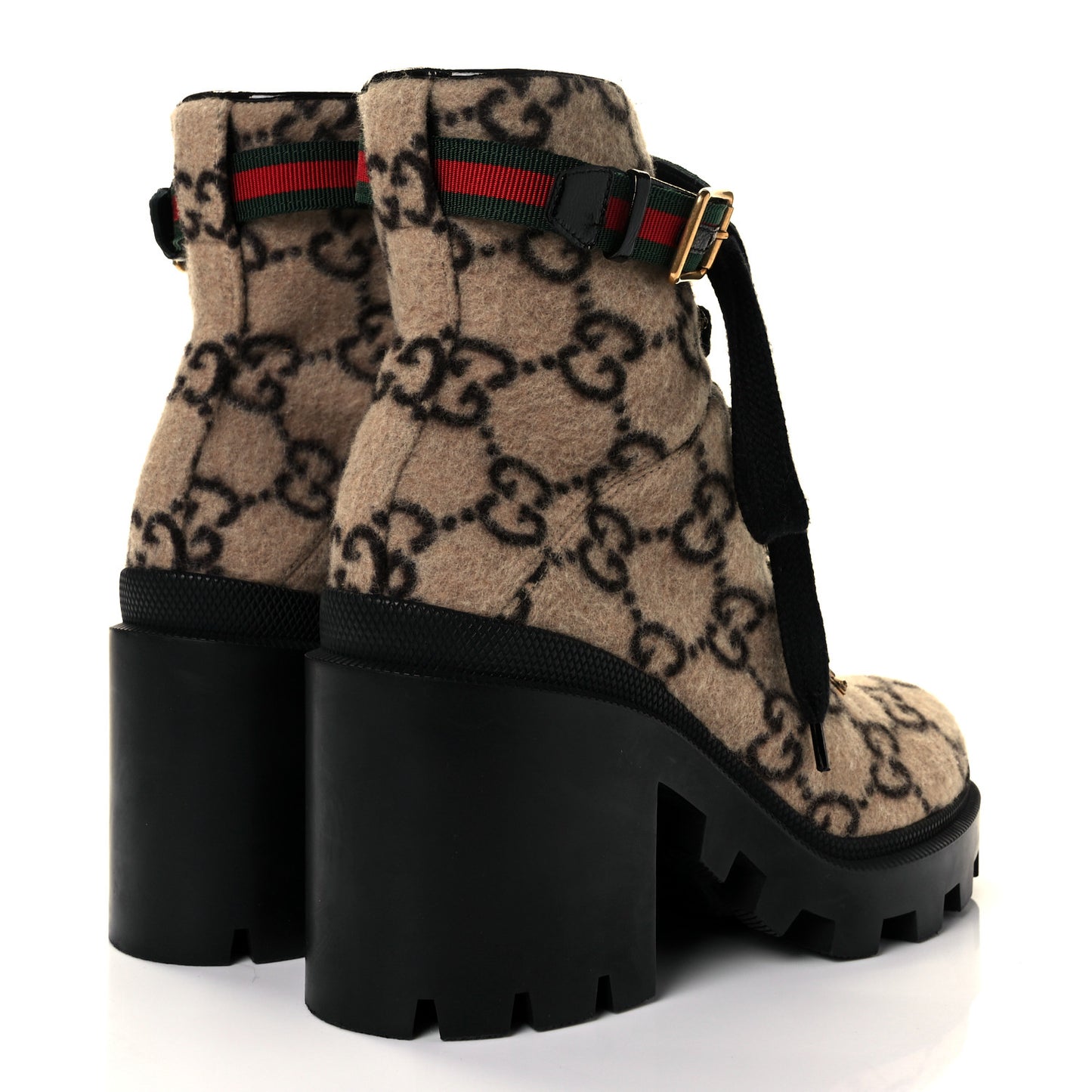 Covered Wool GG Monogram Womens Lace Up Combat Ankle Boots 39.5 Beige Ebony Black