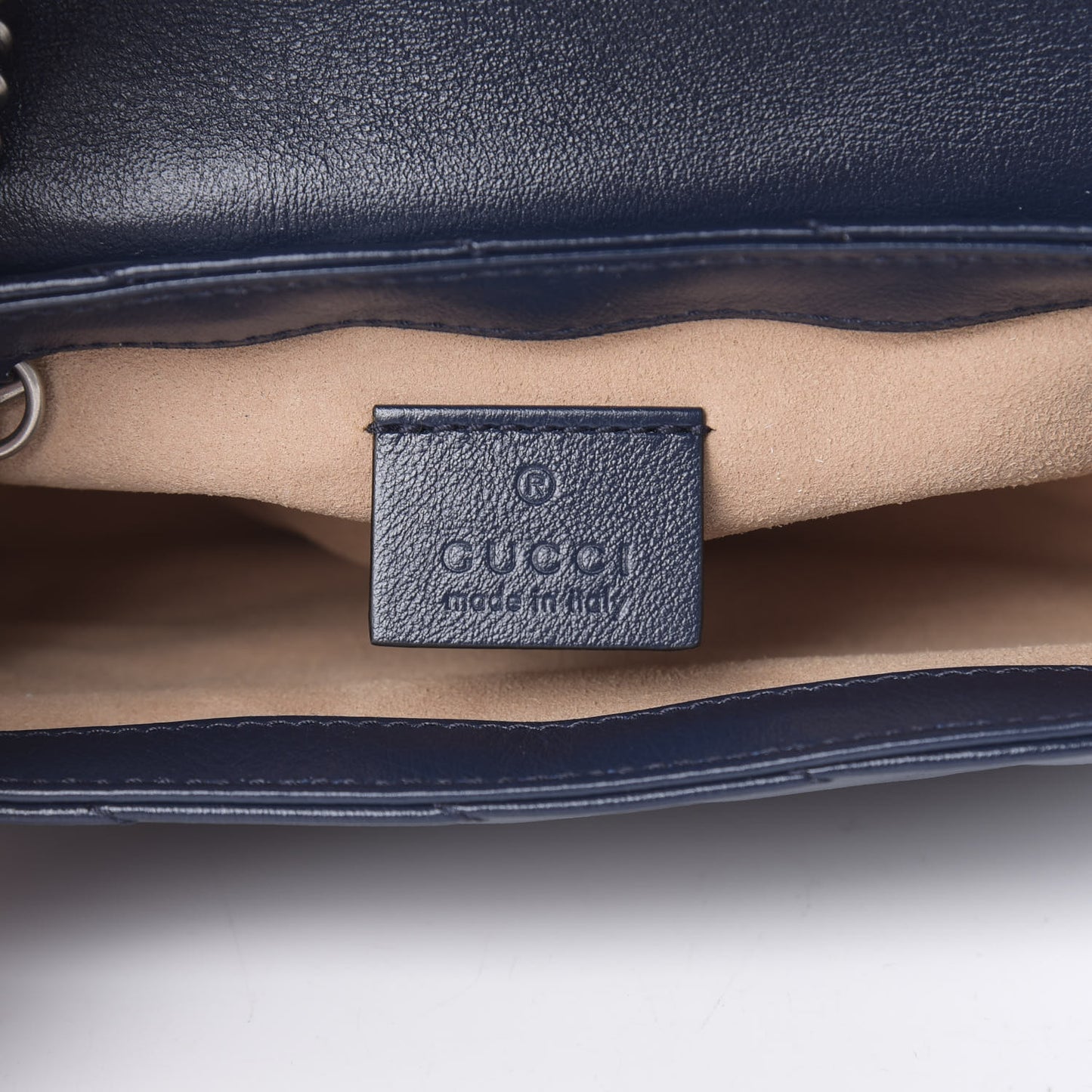 Vintage Effect Calfskin Matelasse Diagonal Super Mini Torchon GG Marmont Shoulder Bag Blue Agata Mystic White