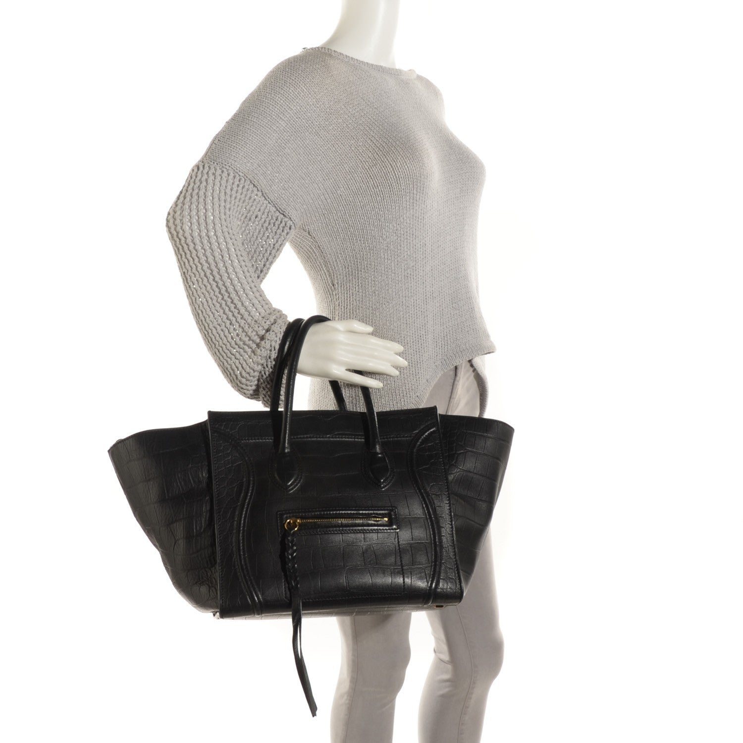 Celine Crocodile Embossed Calfskin Medium Phantom Luggage Black 2 of 10
