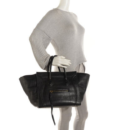 Celine Crocodile Embossed Calfskin Medium Phantom Luggage Black 2 of 10