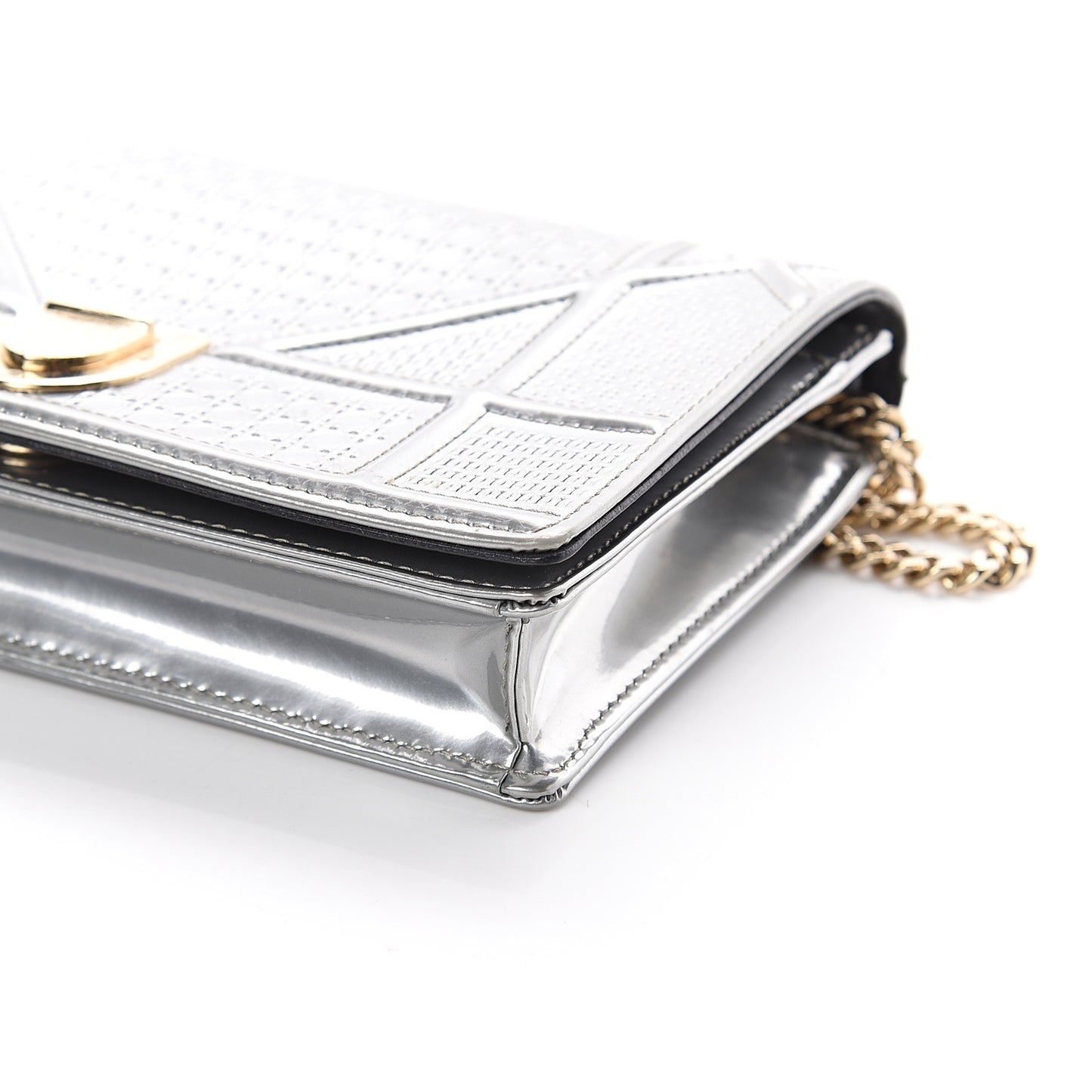 Metallic Patent Micro-Cannage Diorama Wallet on Chain Pouch Silver