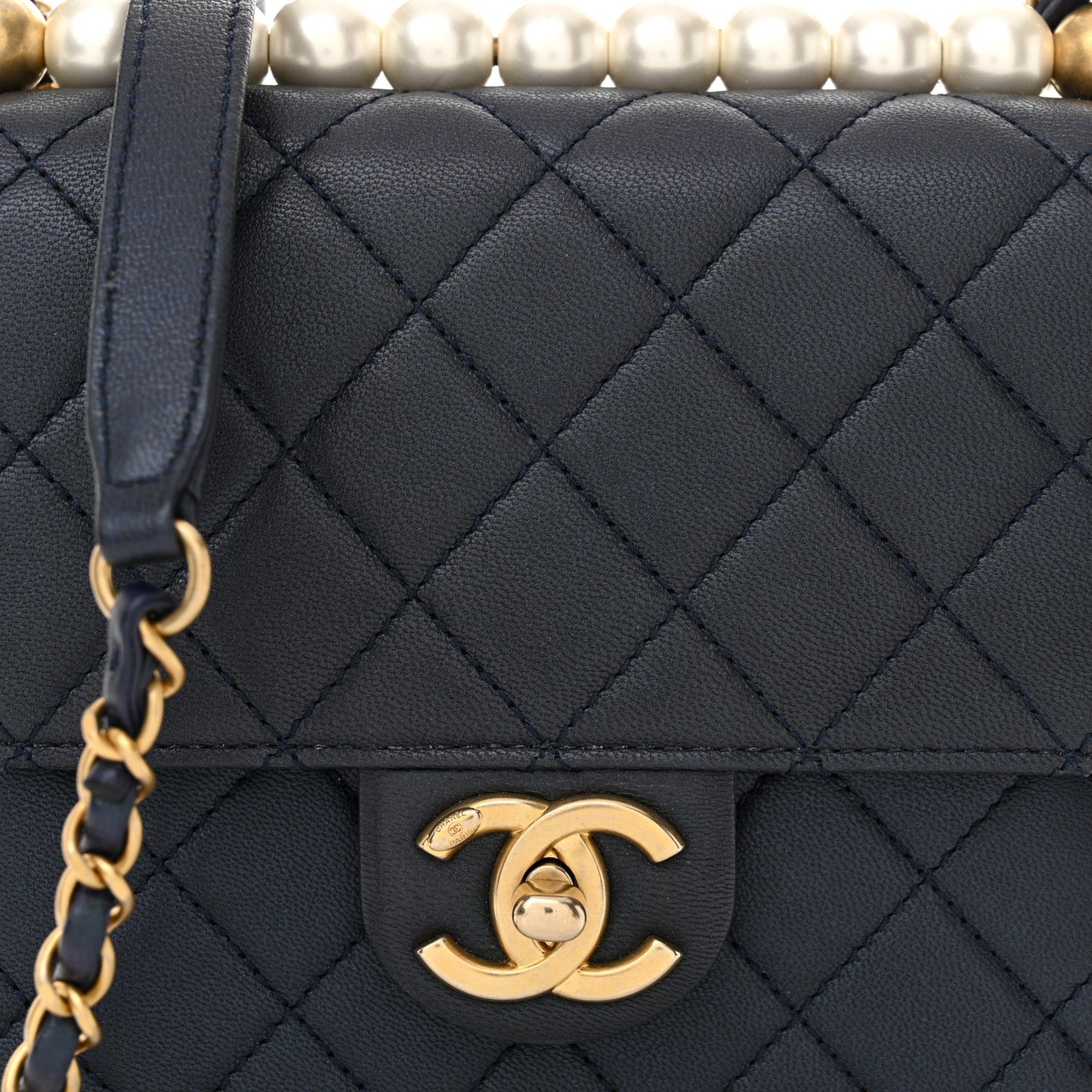 Iridescent Lambskin Quilted Chic Pearls Flap Navy Blue