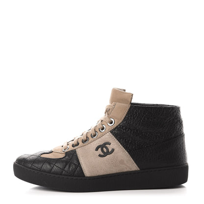 Chanel Washed Lambskin Quilted Lace Up CC Sneakers 39.5 Black Beige 1 of 10