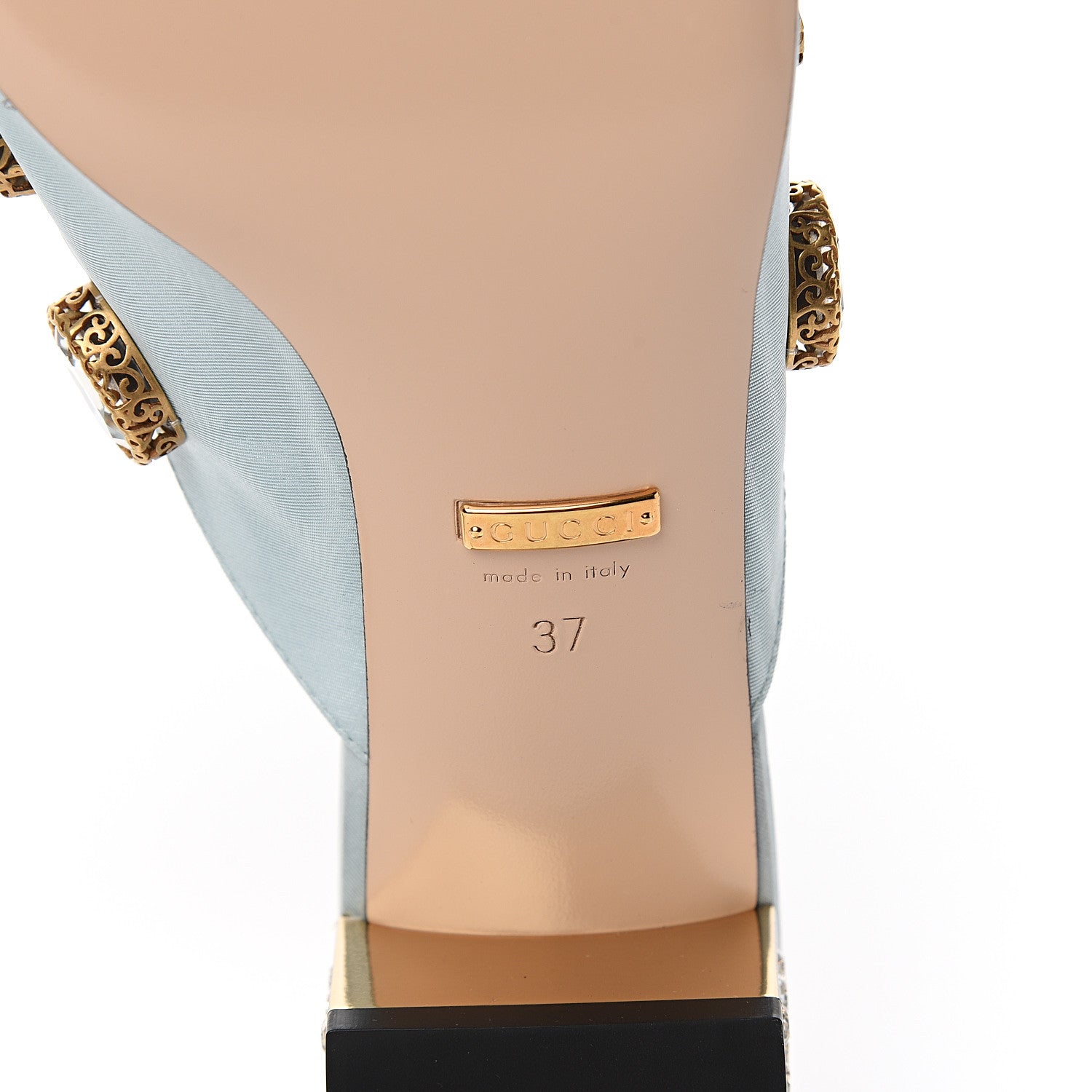 Gucci Moire Fabric Crystal Embellished Lyric Slide Sandals 37 Light Blue 6 of 10