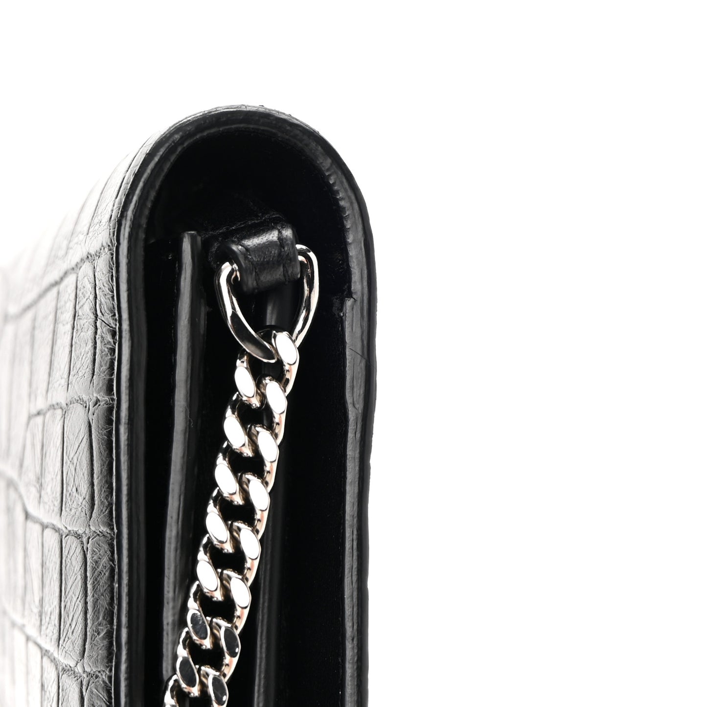 Calfskin Crocodile Embossed Monogram Chain Wallet Black
