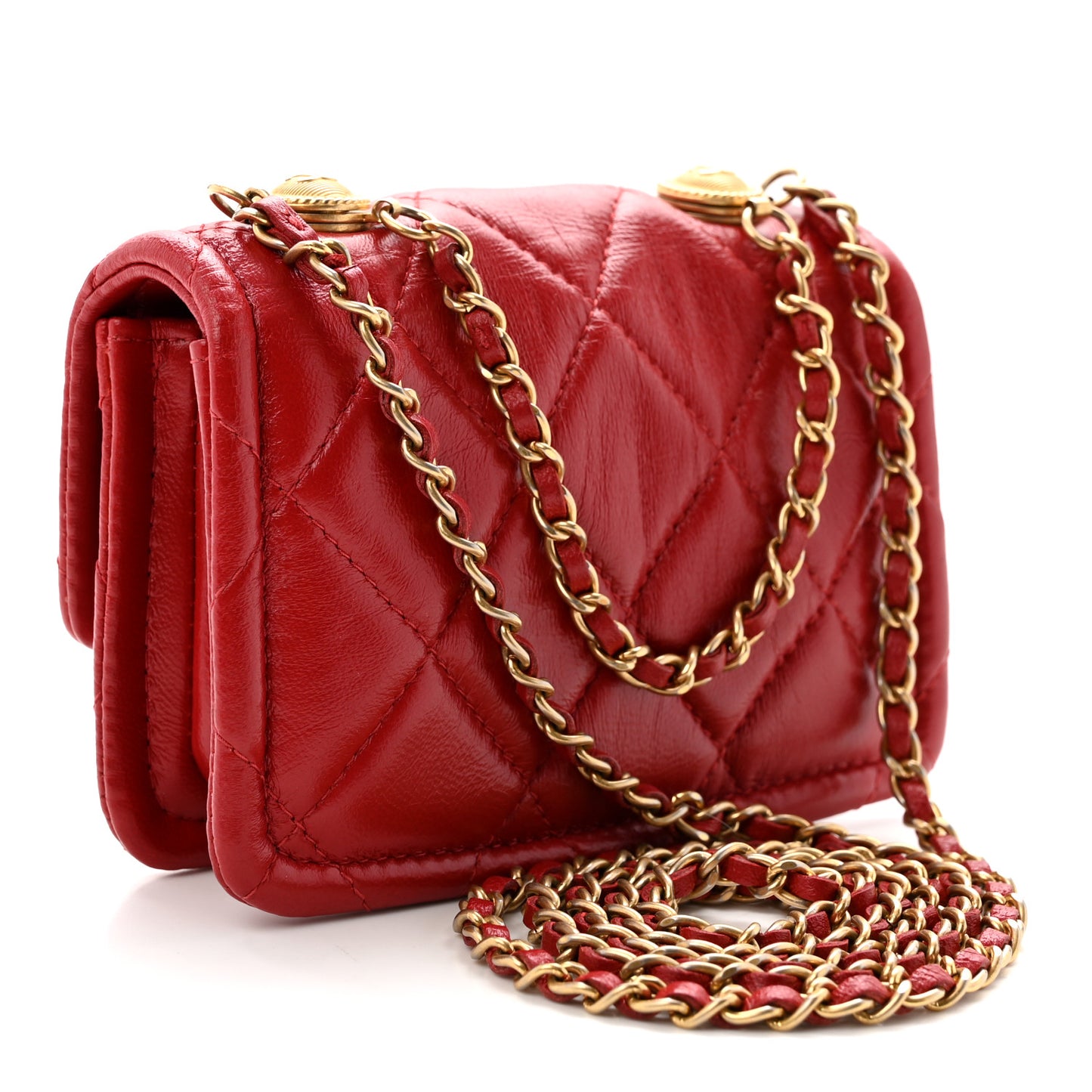 Shiny Lambskin Quilted Extra Mini Flap Red