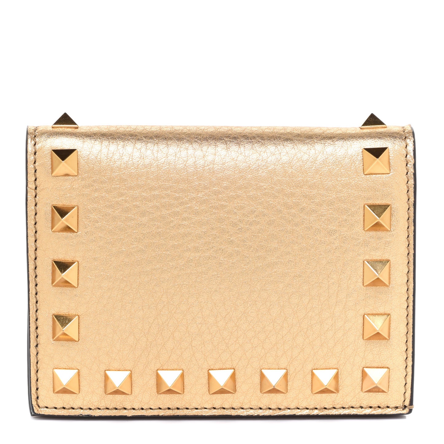 Metallic Pebbled Calfskin Rockstud French Flap Wallet Antique Brass