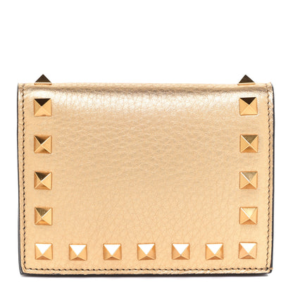 Valentino Garavani Metallic Pebbled Calfskin Rockstud French Flap Wallet Antique Brass 1 of 7