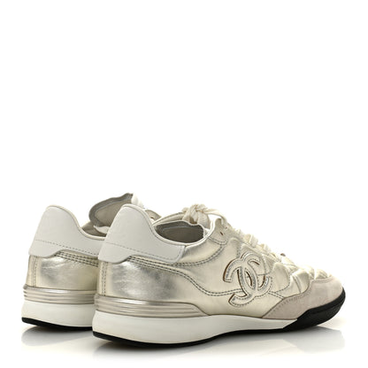 Chanel Laminated Calfskin Suede Quilted Womens CC Sneakers 39 Silver White Gray 5 of 10