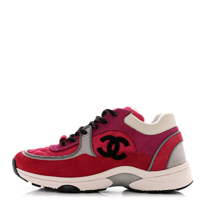 Chanel Mesh Suede Calfskin Grained Calfskin Womens CC Sneakers Dark 36.5 Pink Silver 1 of 10