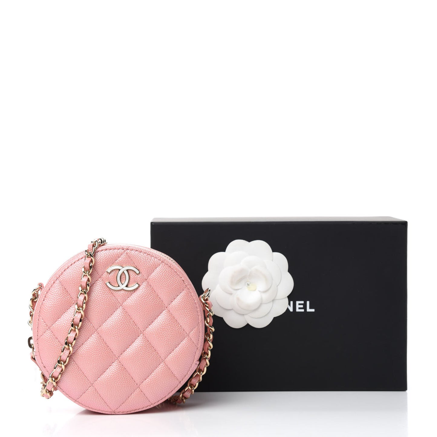 Iridescent Caviar Resin Quilted Round Clutch With Chain Pink