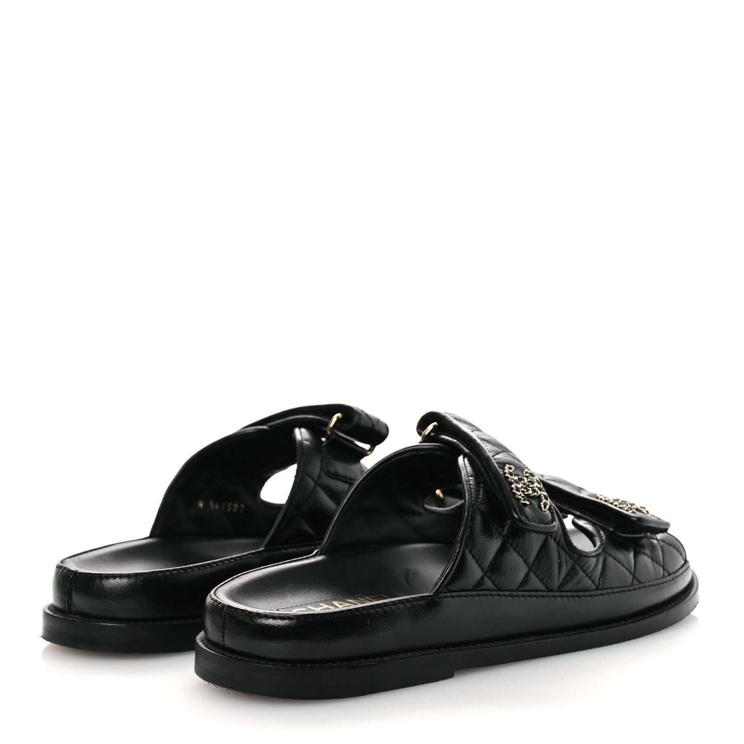 Lambskin Quilted Velcro Dad Chain CC Slide Sandals 39 Black