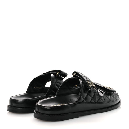Chanel Lambskin Quilted Velcro Dad Chain CC Slide Sandals 39 Black 5 of 13