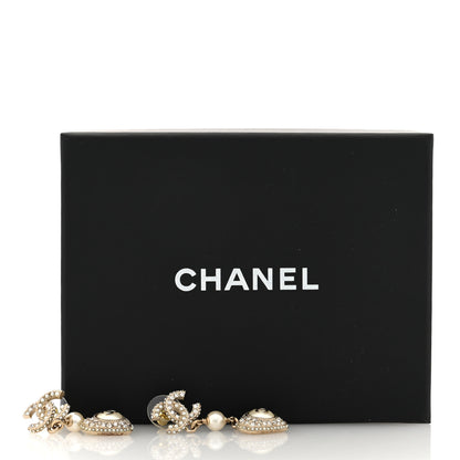 Chanel Pearl Crystal CC Heart Drop Earrings Gold White 5 of 5