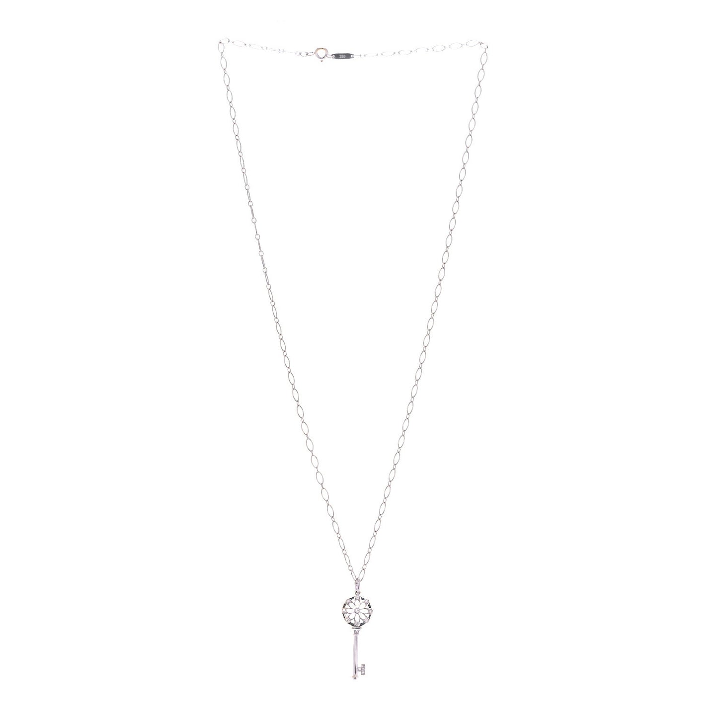18K White Gold Diamond Floral Key Pendant Necklace