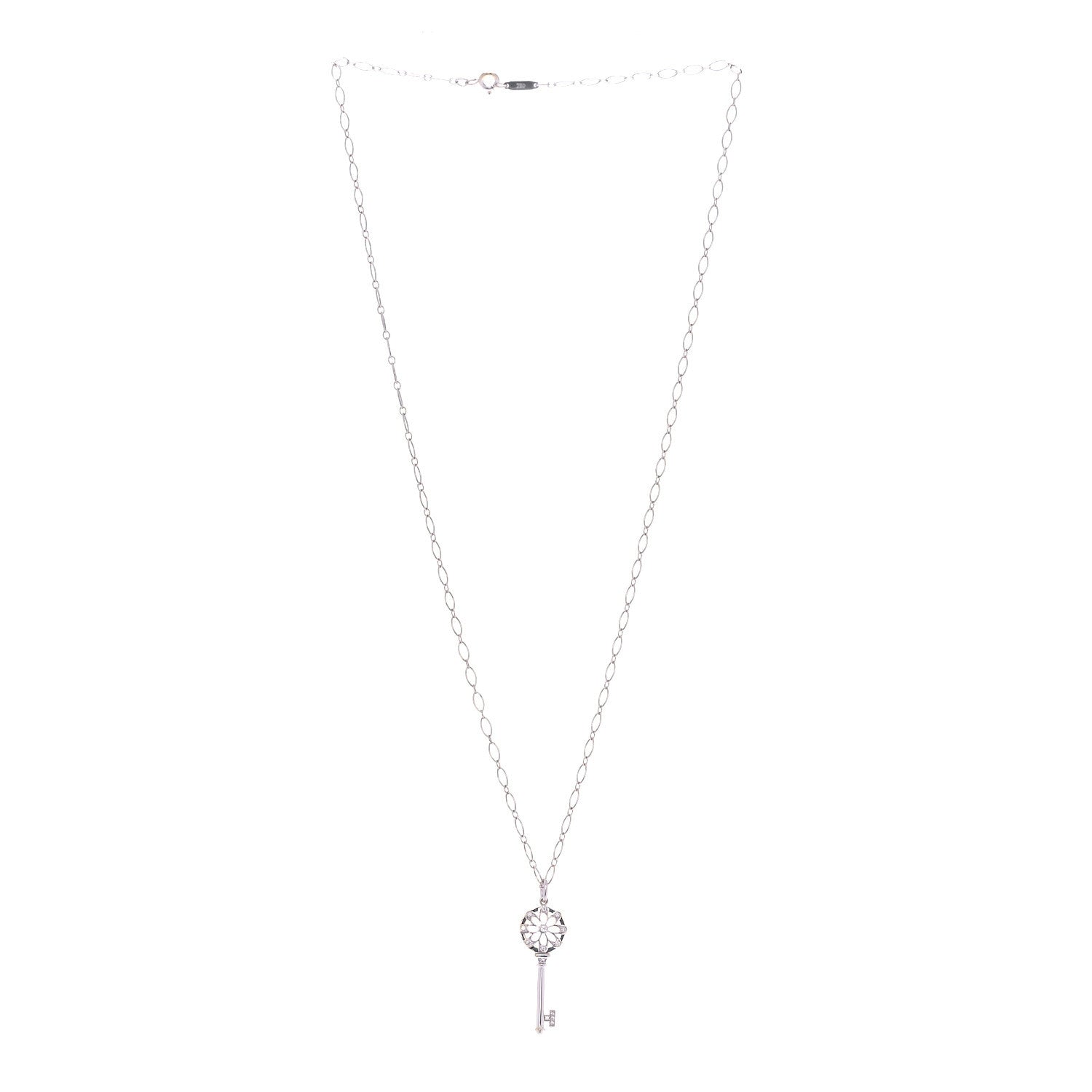 Tiffany 18K White Gold Diamond Floral Key Pendant Necklace 2 of 7