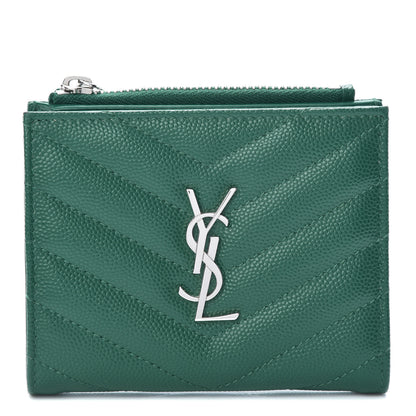 Saint Laurent Grain De Poudre Matelasse Chevron Monogram Zipped Card Case Malachite Green 1 of 8