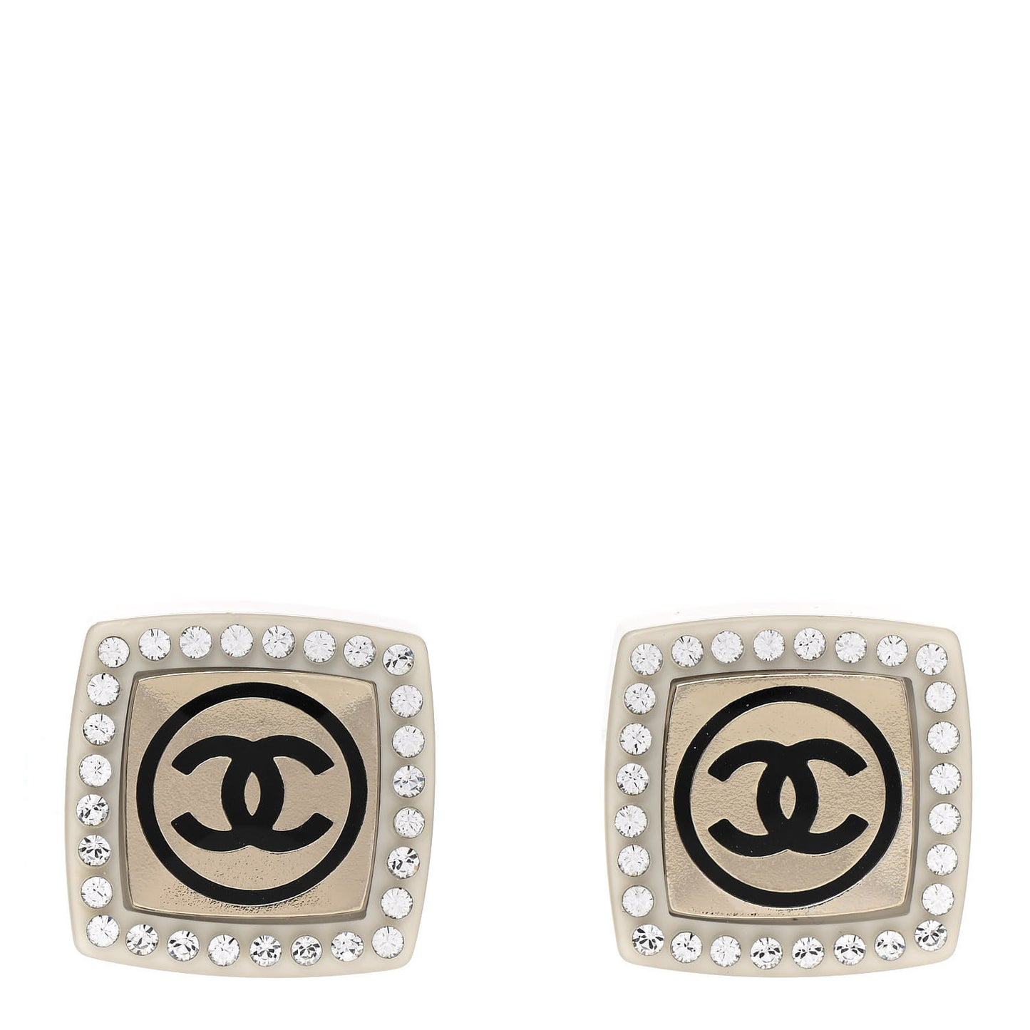 Metal Resin Crystal CC Square Earrings Gold White Black