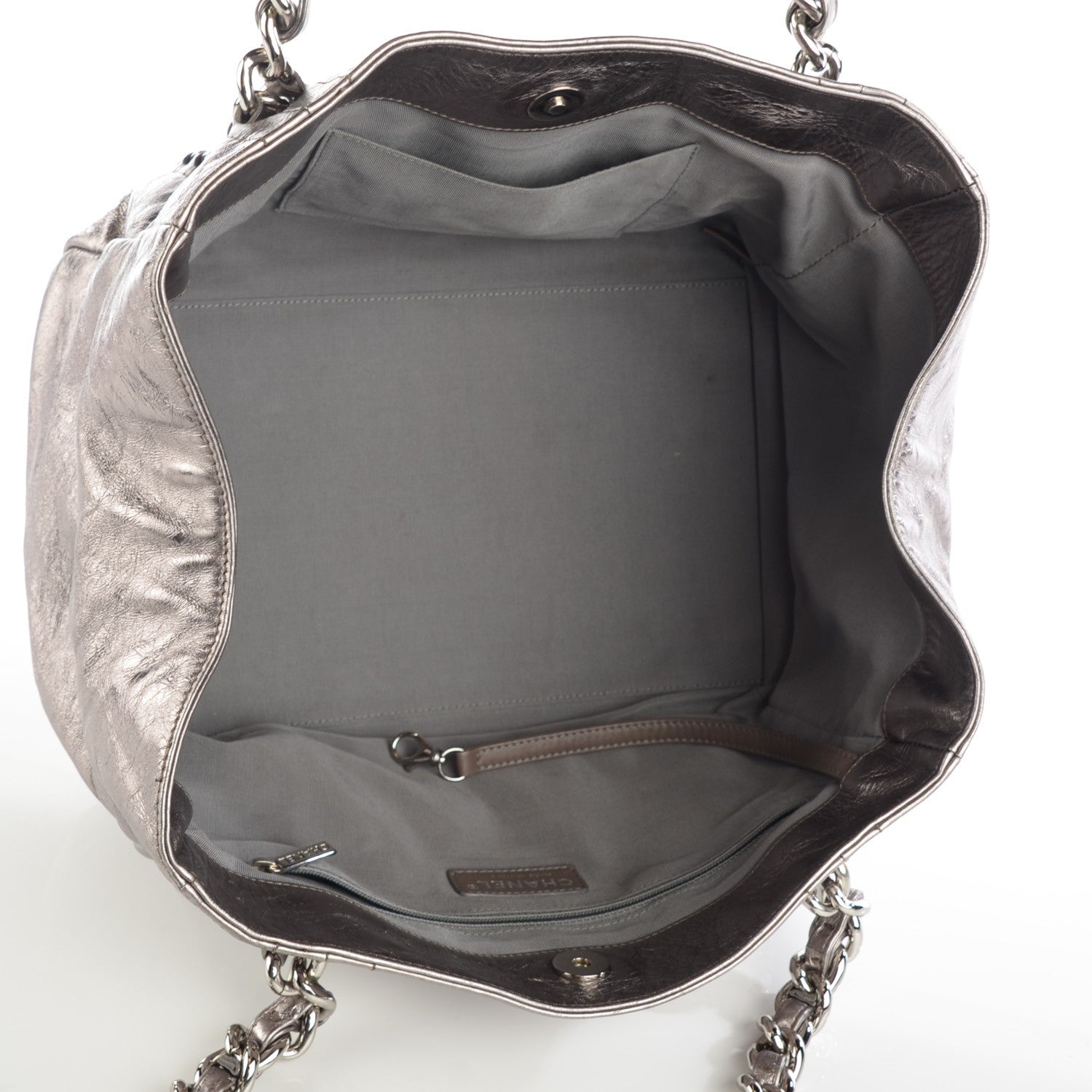 Chanel Metallic Crackled Calfskin Small Modern Chain Tote Dark Grey 6 of 7