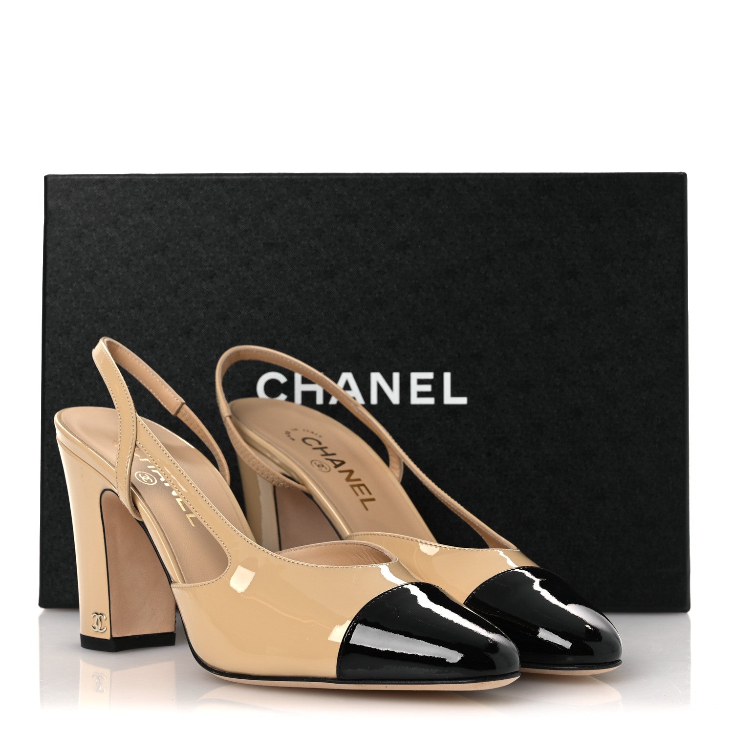 Chanel Patent Calfskin Cap Toe CC Slingback Pumps 40 Beige Black 11 of 11