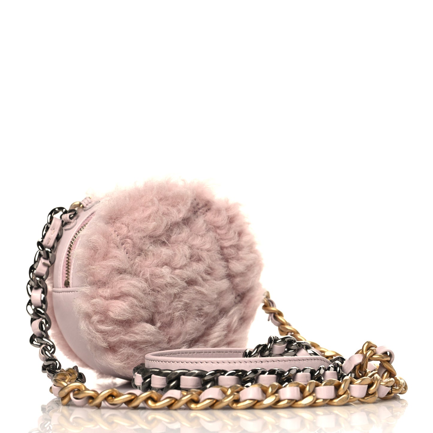 Shearling Sheepskin Chanel 19 Round Clutch With Chain Light Pink