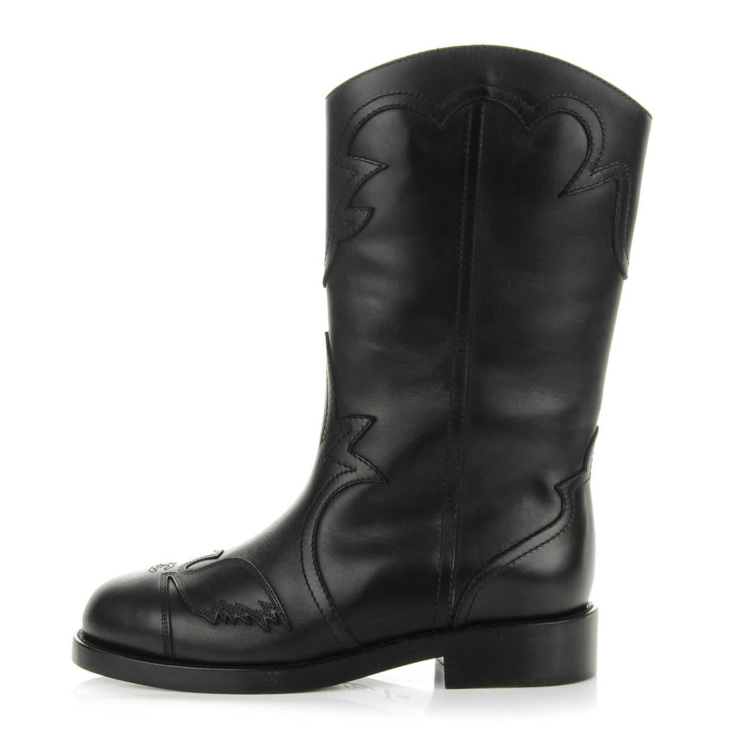 Calfskin Embroidered Western Boots 35 Black