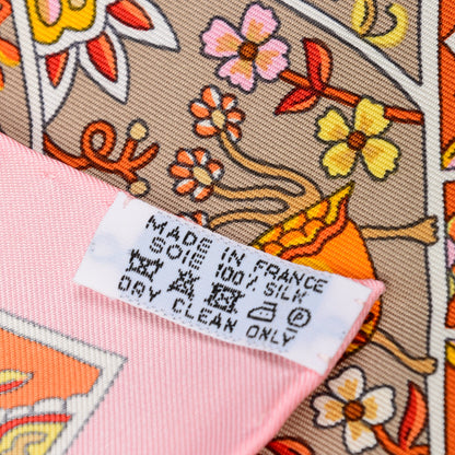 Hermes Silk Au Pays Des Oiseaux Fleurs Scarf 90 Beige Rose Orange 6 of 6
