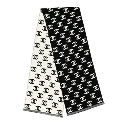 Chanel Wool Cashmere CC Scarf Black White 2 of 3