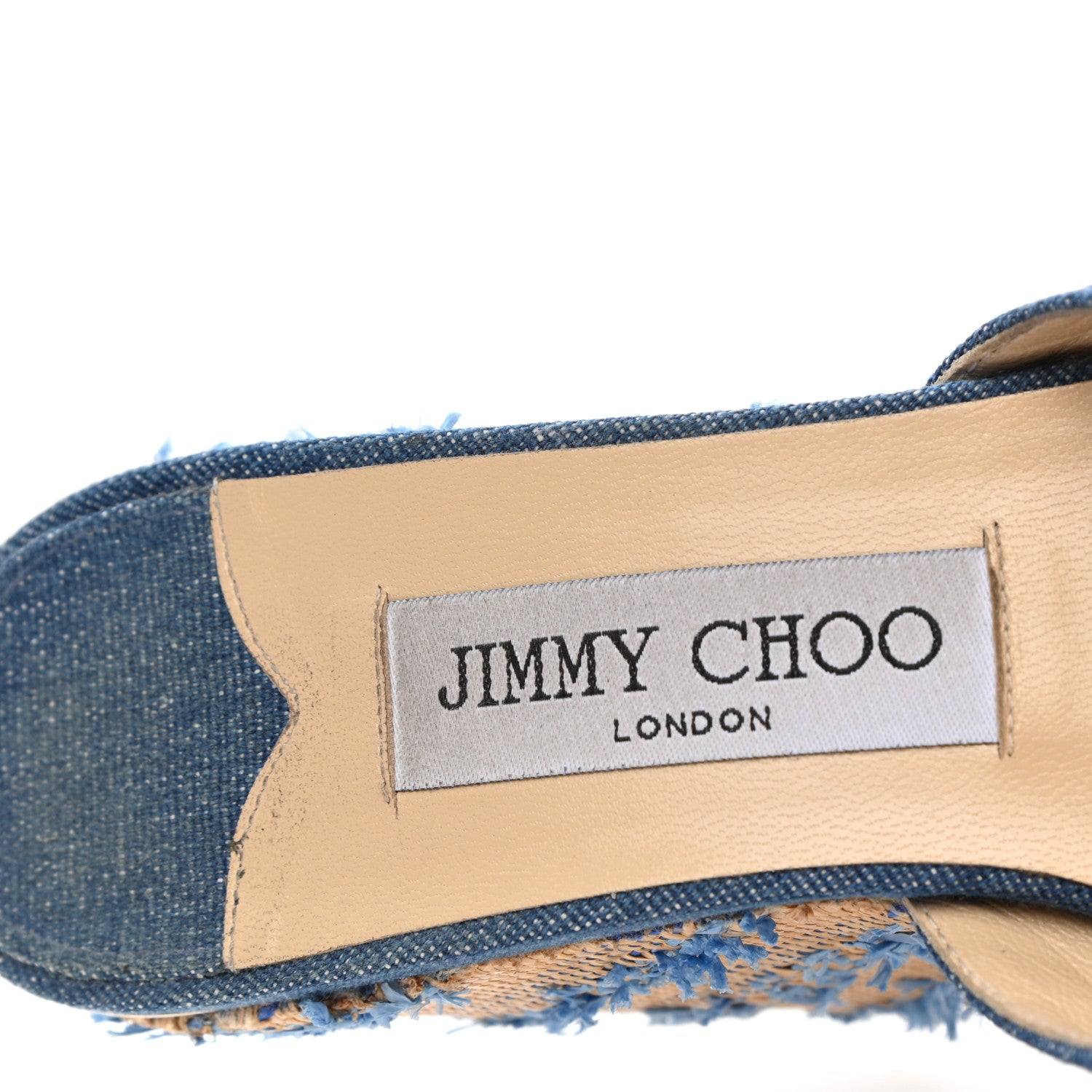 Jimmy Choo Denim Fringed Raffia Almer 105 Wedge Sandals 36 Navy 7 of 10